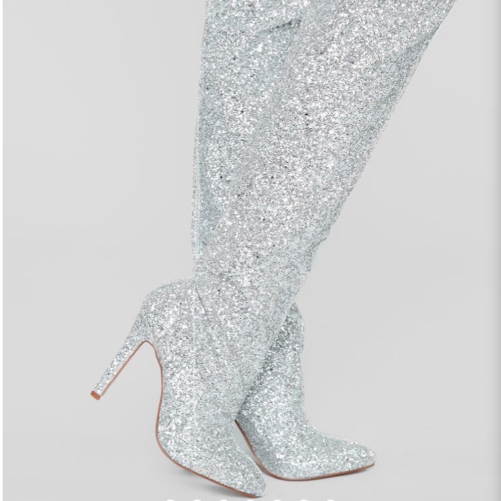 Silver Fashion Nova Sparkle boots, over the knee